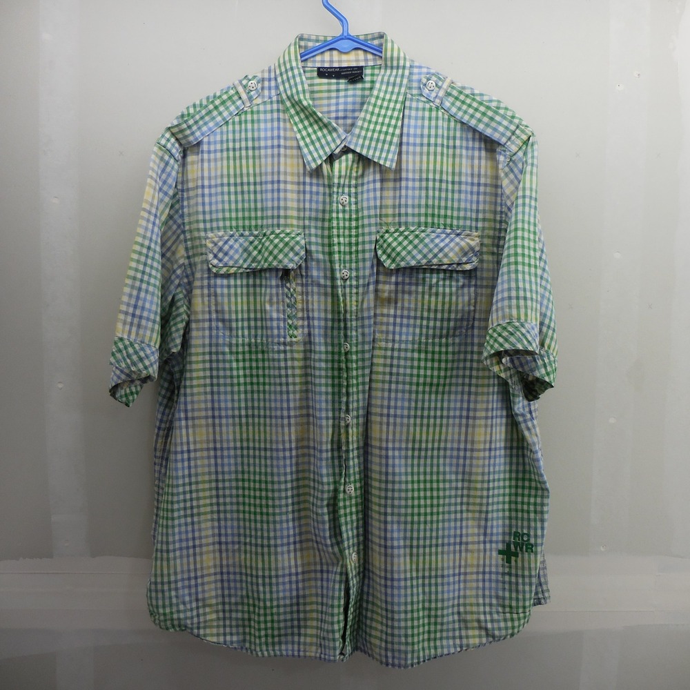 Rocawear Mens 2XL Plaid Short‎ Sleeve Button Down Shirt Green Blue Y2K Hip Hop
